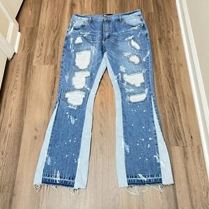 Filthy Wealth Flare Jeans Distressed Light Wash Denim Size 36 Raw Hem